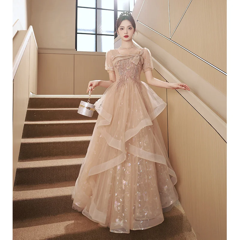 Brownm Evening Dress Women 2025 New Banquet Temperament Light Luxury Small High-End Champagne Style Lead The Annual Meeting Art Skirt