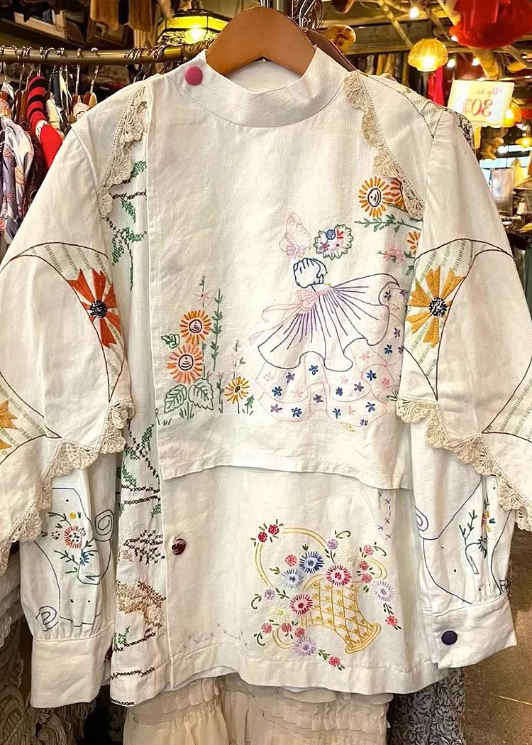 Handmade White Embroideried Patchwork Cotton Blouse Tops Fall