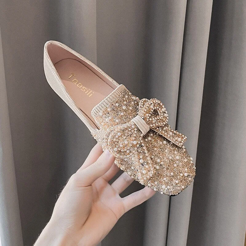 41-43 big size crystal bow flat shoes woman pearl beading breathable ballet flats beauty bow buckle moccasins shoes for women