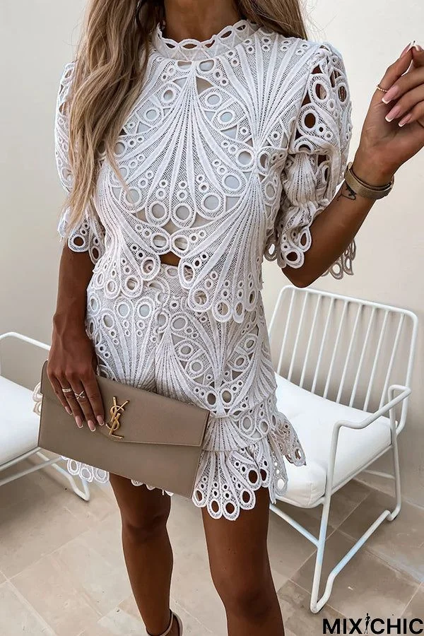 Pretty Personality Crochet Lace Shorts Suit