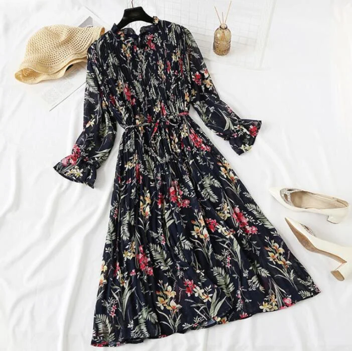 2020 Elegant Women Print Chiffon Dress Long sleeve Lotus leaf collar Pleated Dress Female Casual Midi Dresses vestidos mujer