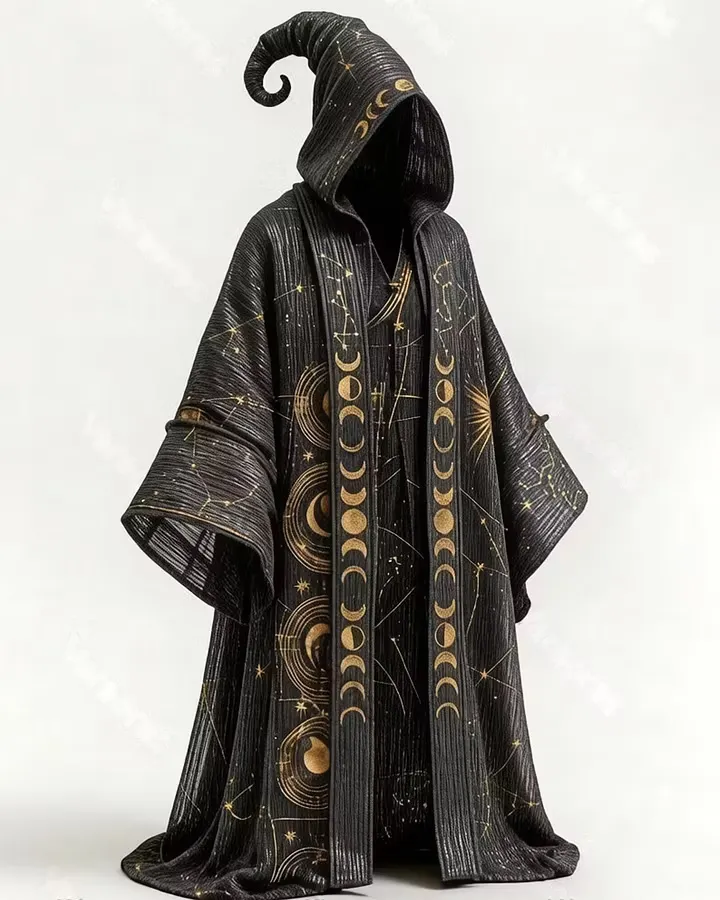 Men's Summer Fashion Star and Moon Print Linen Hooded Cape 4333