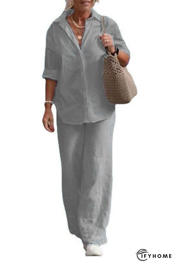 Solid Color Casual Long-sleeved Shirt and Elastic Waisted Loose Wide-leg Pants Set | IFYHOME