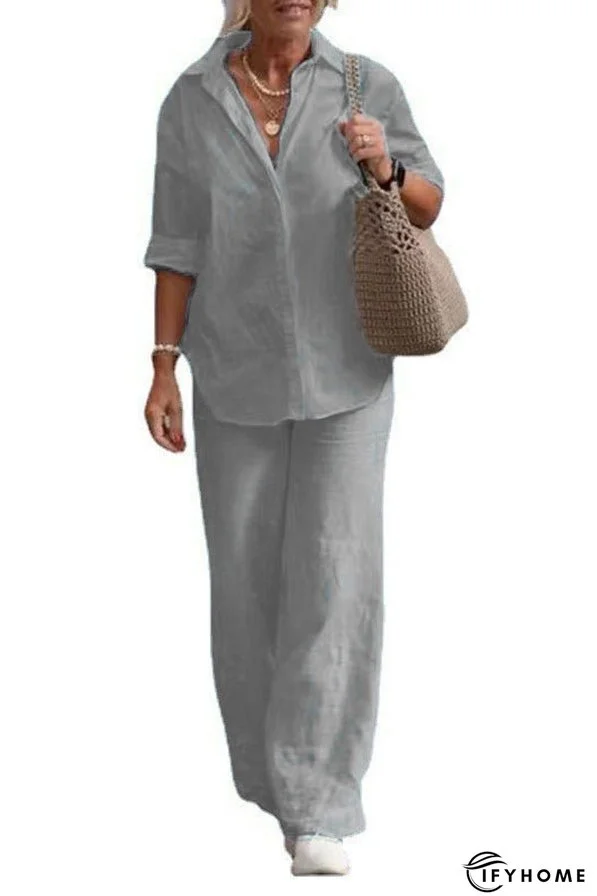 Solid Color Casual Long-sleeved Shirt and Elastic Waisted Loose Wide-leg Pants Set | IFYHOME