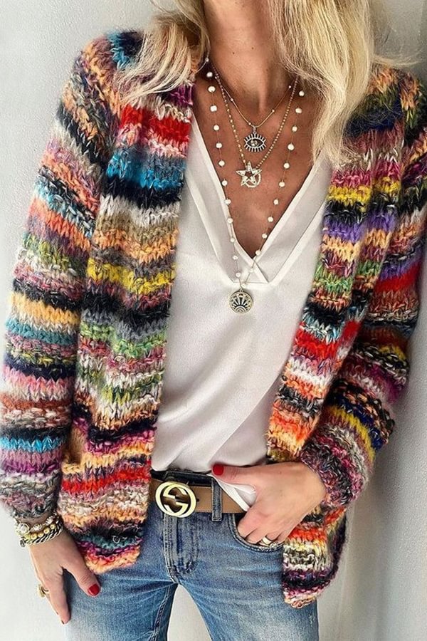 Colorful Striped Collarless Long Sleeve Mohair Cardigan