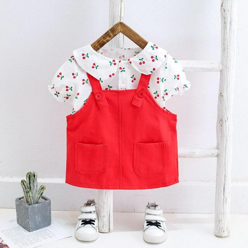 Toddler Girls Clothes Summer Cherry Print Shirt + Skirt 2 Pieces/Set Outfits Children Short Sleeve Strap Dress Suit 1 2 3 4 Year