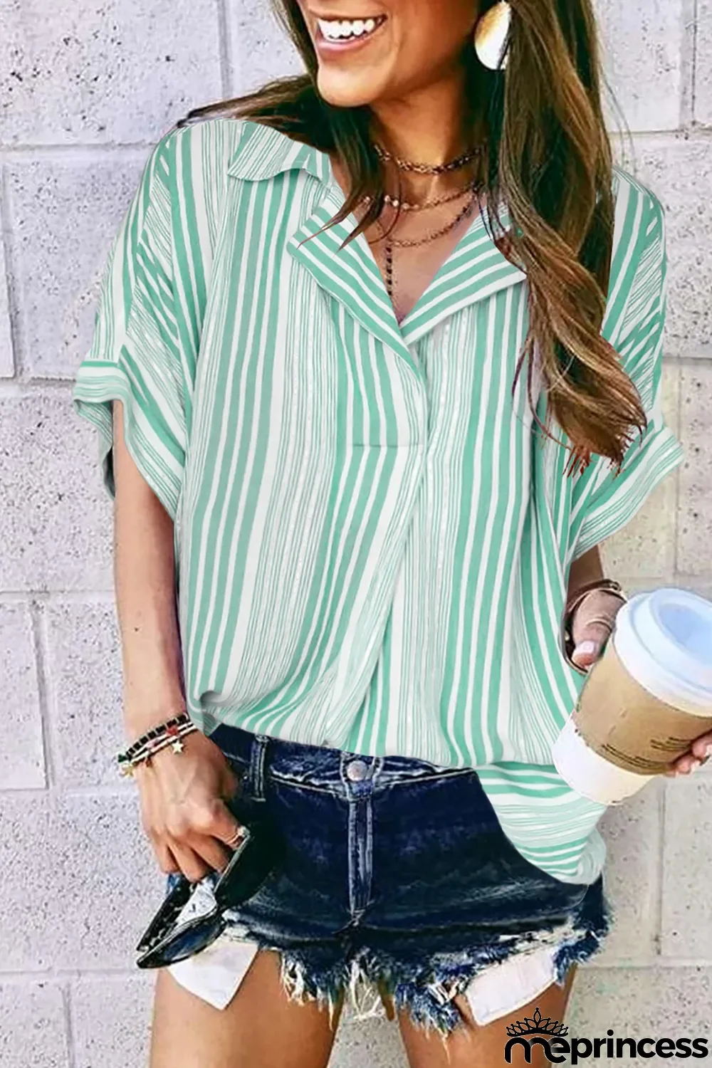 Green Loose Button Back Striped Blouse