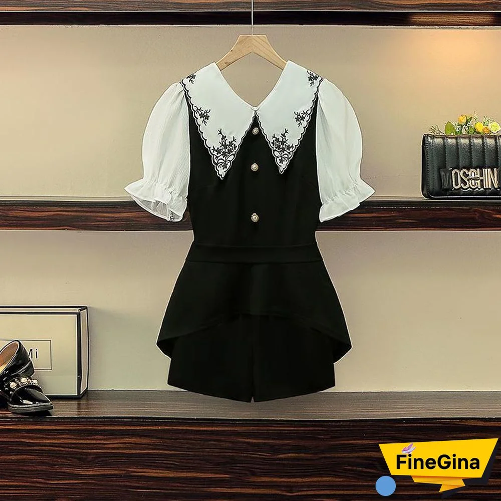 Embroidery Lapel Tee+Wild Shorts P11424