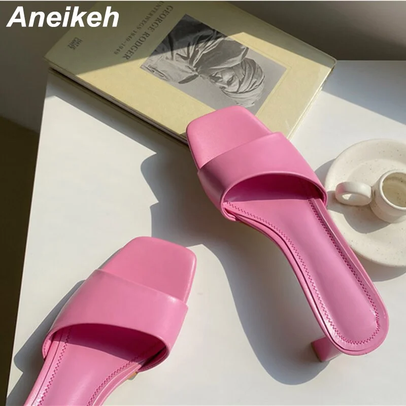 Aneikeh New Summer Women Shoes Square Toe Slides Rubber PU Solid Outside 5CM Thin Heels Adult Shallow Beach Slippers Size 35-42