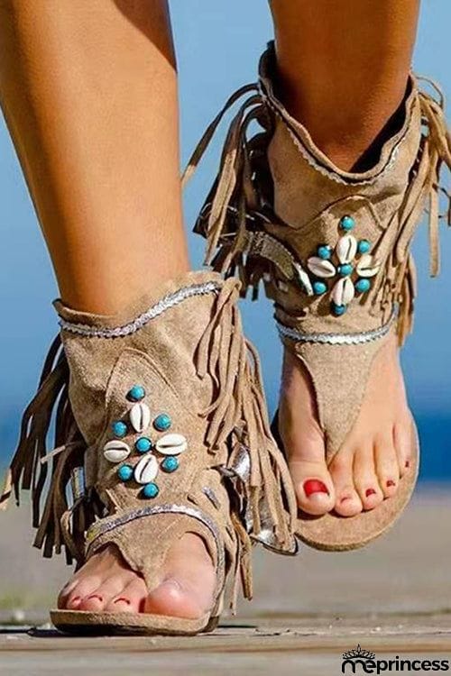 Tassel Beaded Toe Post Flat Sandals