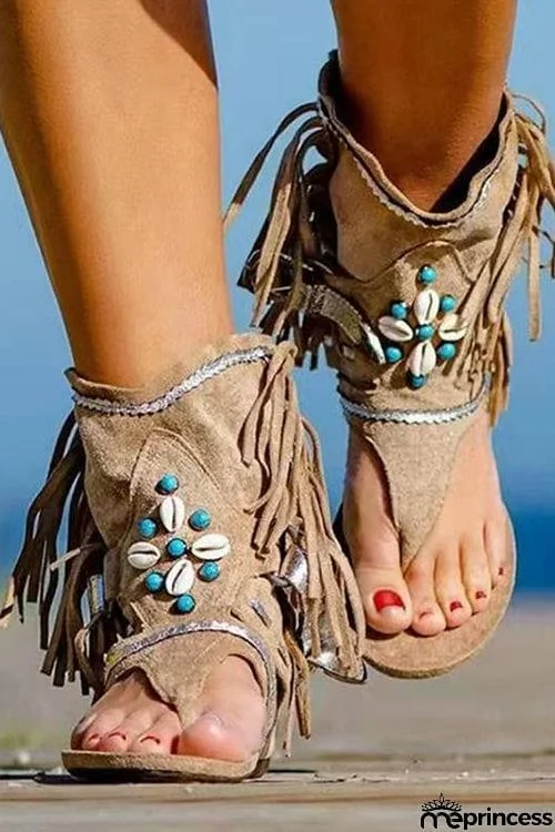 Tassel Beaded Toe Post Flat Sandals