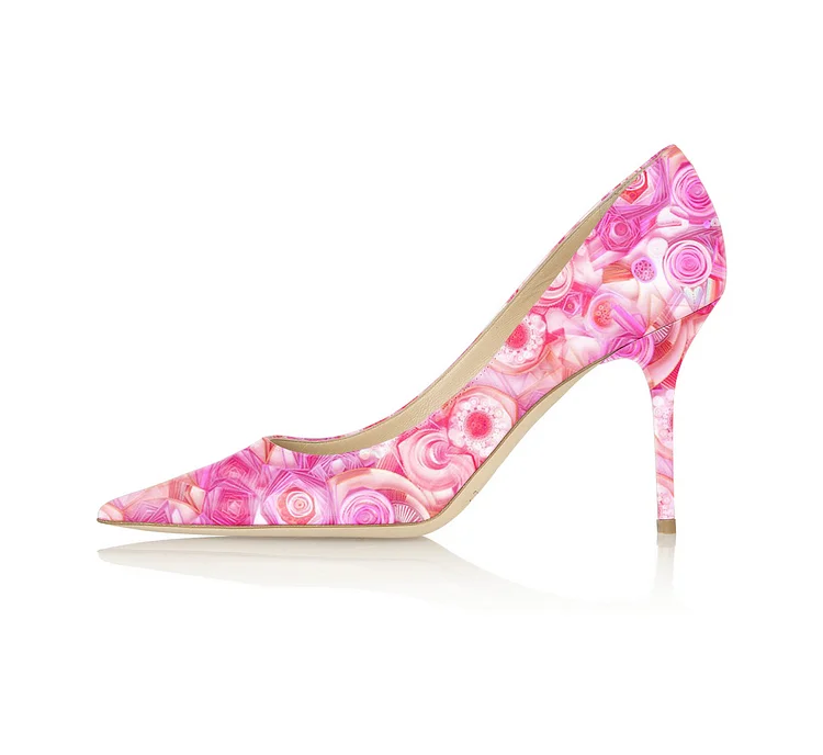 4 inch Heels Pink Floral Heels Pointy Toe Formal Stiletto Heel Pumps |FSJ Shoes
