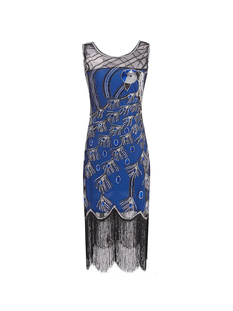 Sequined Dress Crew Neck Sleeveless Peacock Mesh Dress