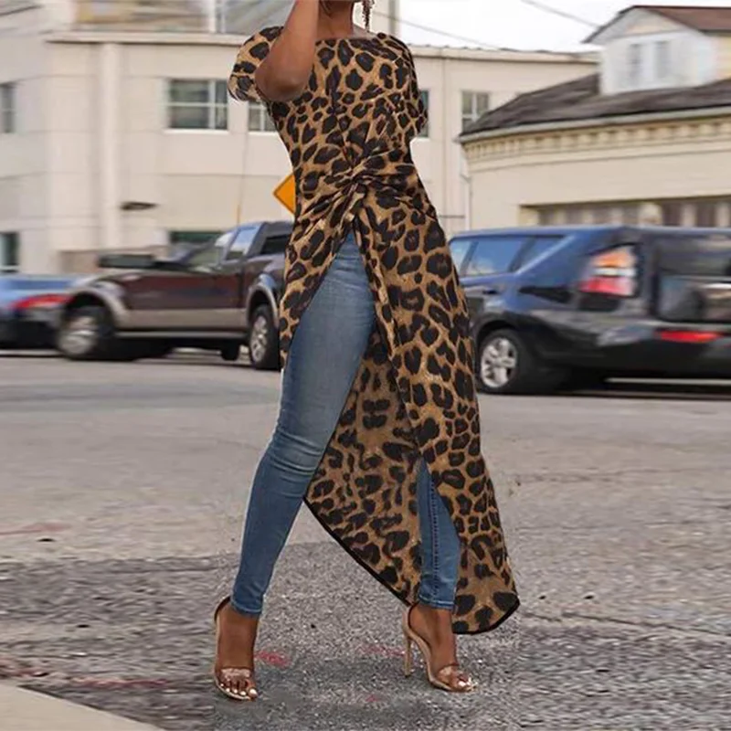 Asymmetrical Hem Leopard Print Round Neck Short Sleeve Loose Top