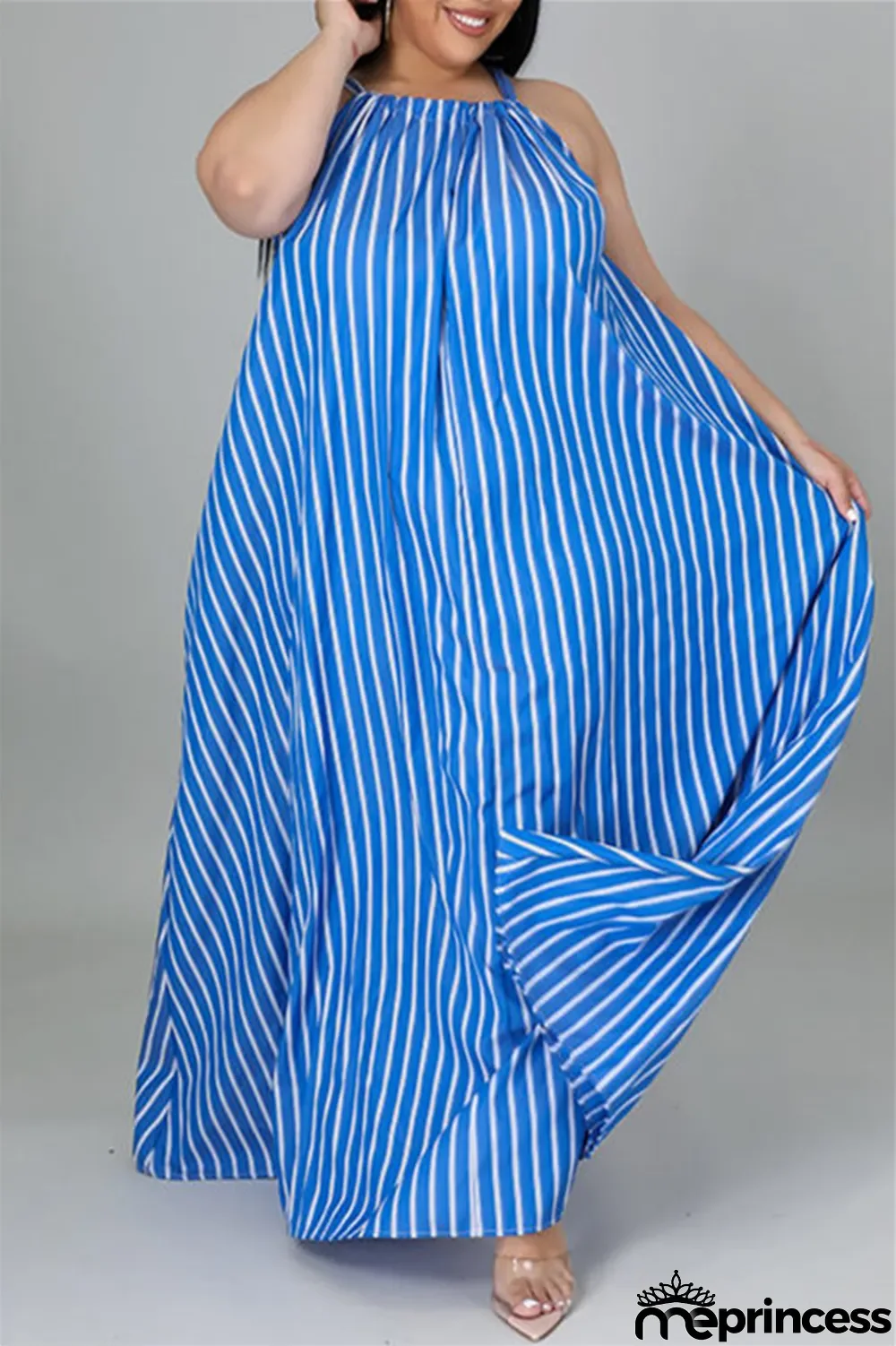 Light Blue Fashion Casual Plus Size Striped Print Backless O Neck Sleeveless Dress