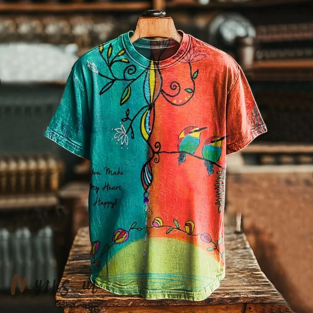 Eagerlys Unisex Vintage Floral Bird Art Print T-shirt Eagerlys