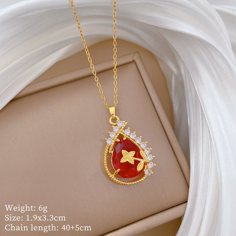 Ancient Style Water Drop Full Diamond Fashion Gorgeous Full Diamond Necklace Women’S Versatile Clavicle Chain Titanium Steel