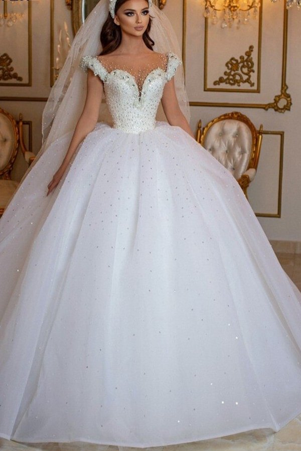 Luluslly Glamorous Off-the-Shoulder Beading Wedding Dress With Peals Tulle