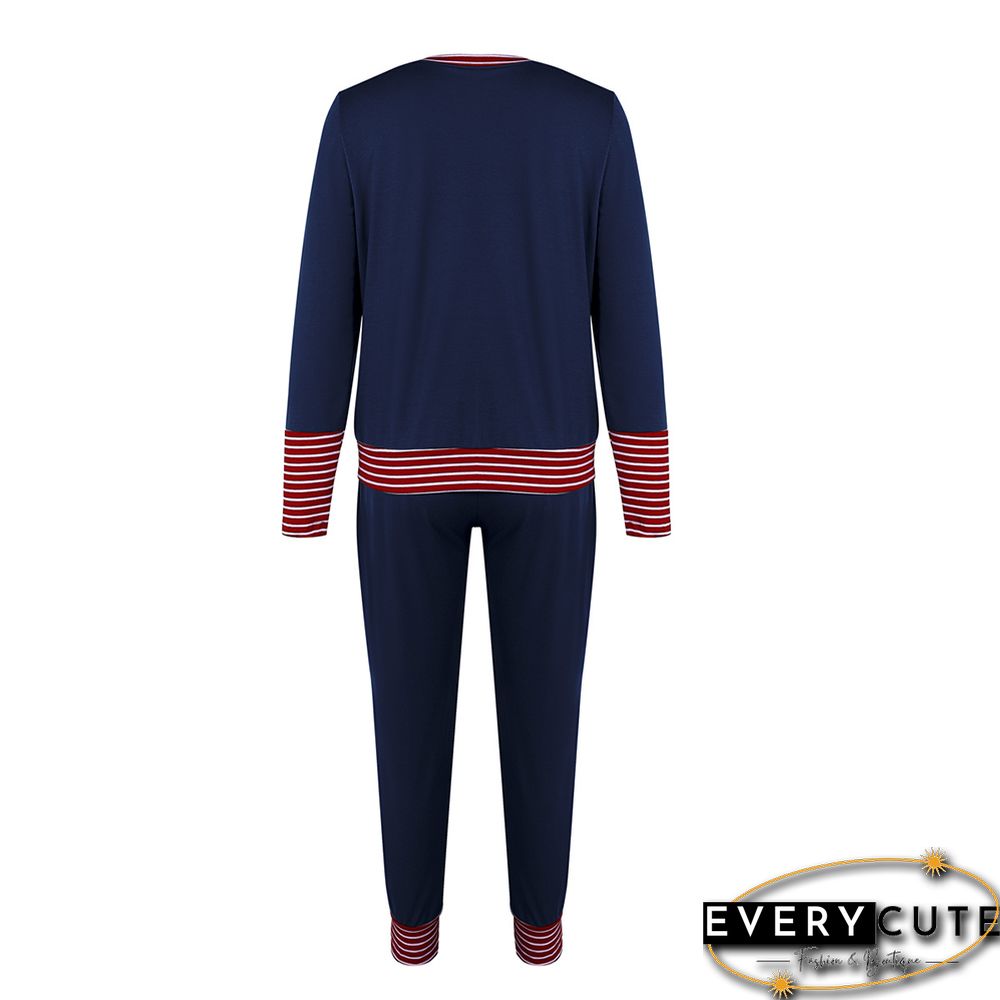 Navy Blue Merry Christmas Print Long Sleeve Loungewear Pajama Set