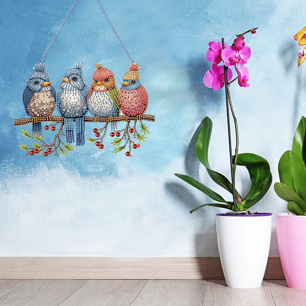 DIY Birds on Branch Acrylic Single-Sided Diamond Painting Hanging Pendant