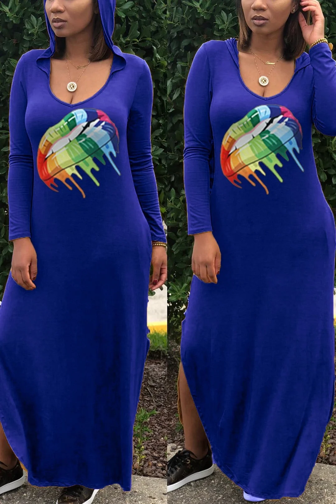 Fashion Rainbow Lips Offset Split Dress