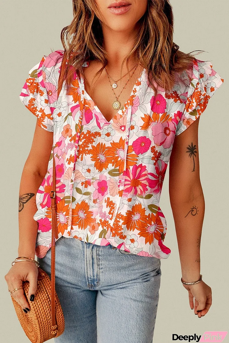 Floral Tie Neck Flutter Sleeve Blouse