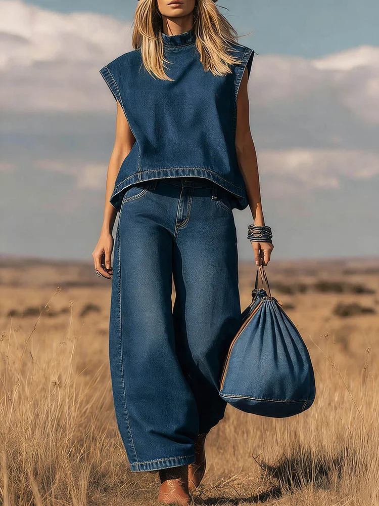 Women's Stand-collar Sleeveless Casual Loose Top And High-waisted Loose Wide-leg Denim Pants Set.