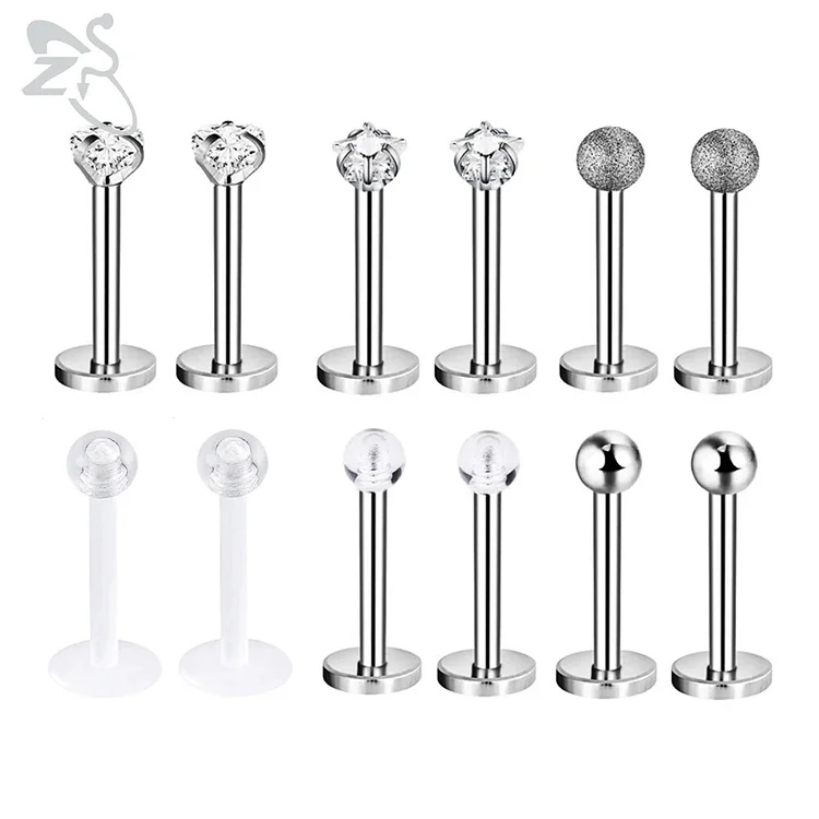 4-25pcs/lot Heart Crystal Lip Piercing Set 16G Stainless Steel Lip Labret Ring Cat Star Ear Tragus Helix Piercings Jewelry