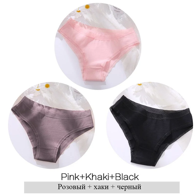 FINETOO Women Cotton Panties Sexy Lace Briefs 3Pcs/set Ladies Low Waist Underpants Comfortable Girls Underwear M-2XL Lingerie