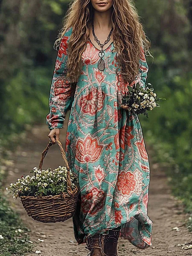 Women's Boho Floral Art Pattern Print V Neck Pocket Cotton Dress