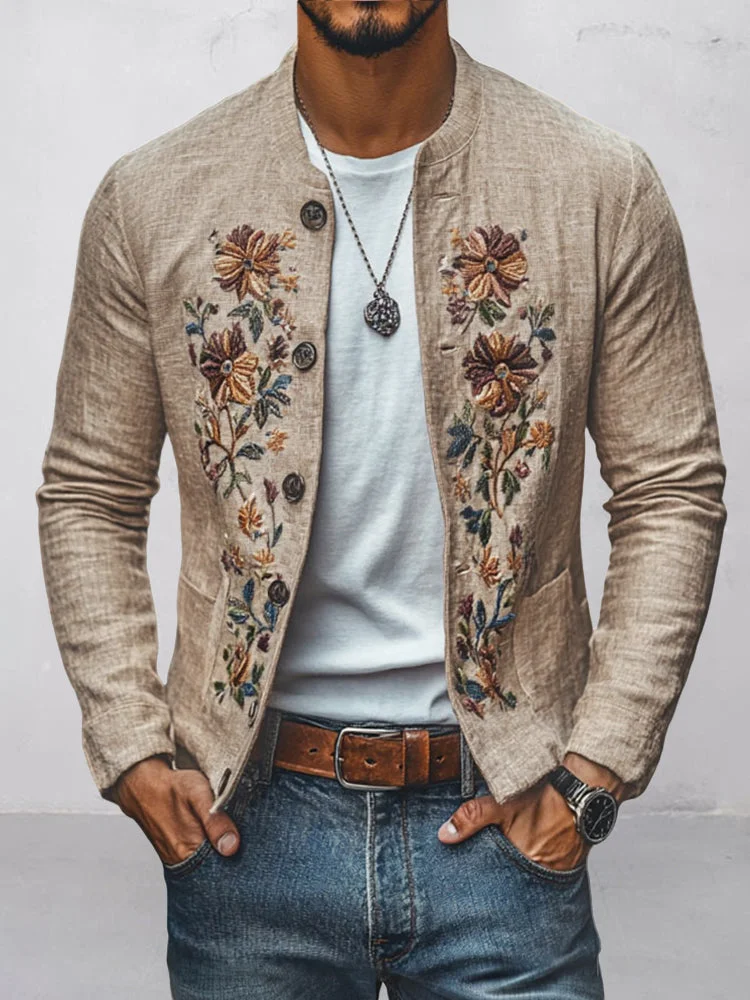 Floral Embroidered Cotton Linen Blazer QueenFunky