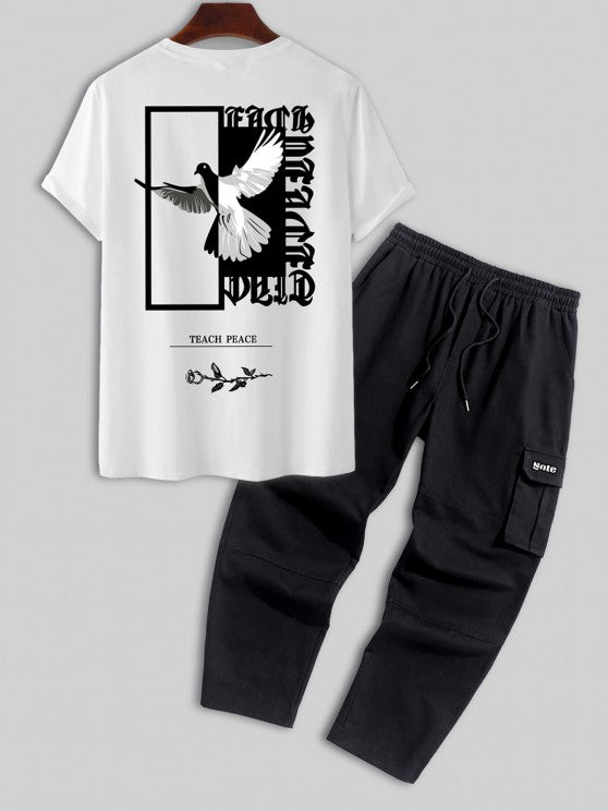 Graphic Pattern T Shirt And Multi Pockets Cargo Pants