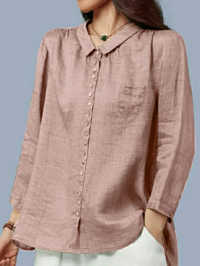 Ladies Solid Color Lapel Button Design Casual Cotton And Linen Shirt