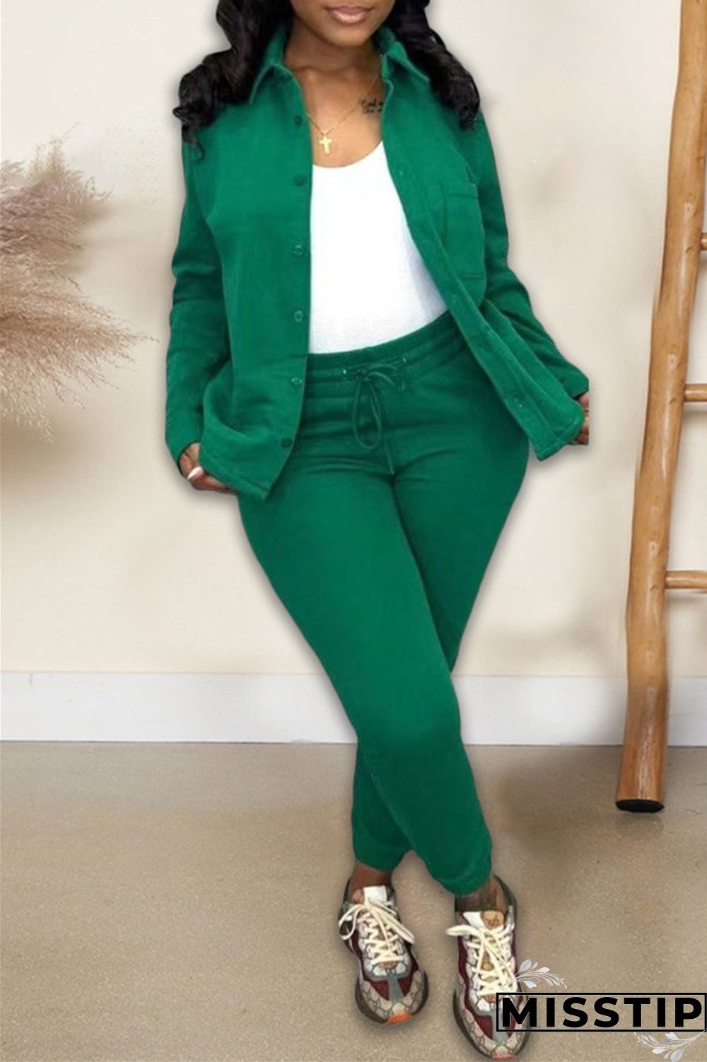Green Casual Solid Cardigan Pants Turndown Collar Long Sleeve Two Pieces