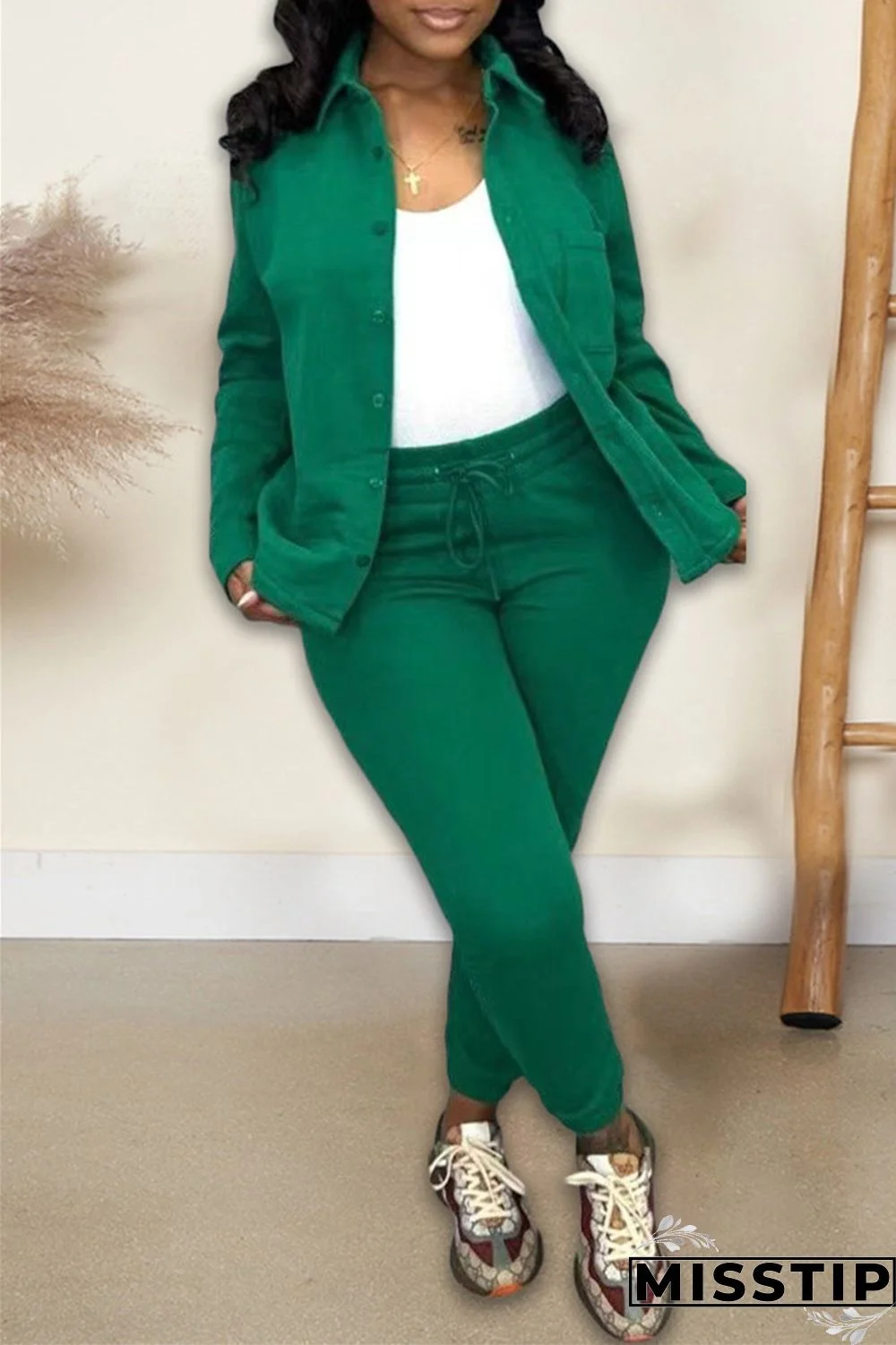 Green Casual Solid Cardigan Pants Turndown Collar Long Sleeve Two Pieces
