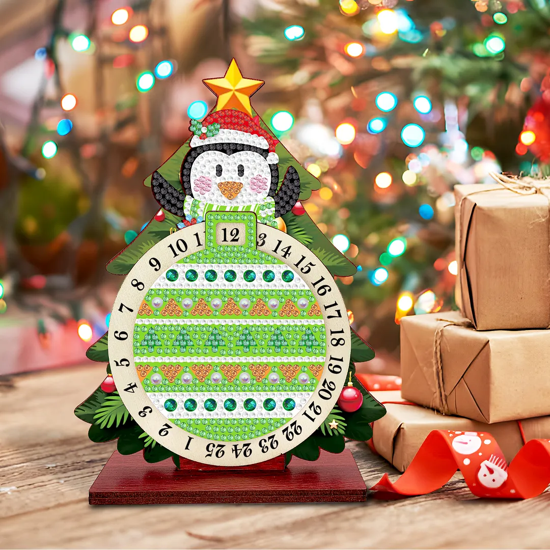 Penguin DIY Christmas Countdown Diamond Painting Tabletop Ornaments Kit 25 Days Crystal Art Craft Decoration Wooden for Living Room Home Office Decoration