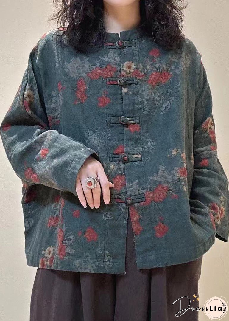 Vintage Mulberry Stand Collar Print Chinese Button Linen Blouses Spring