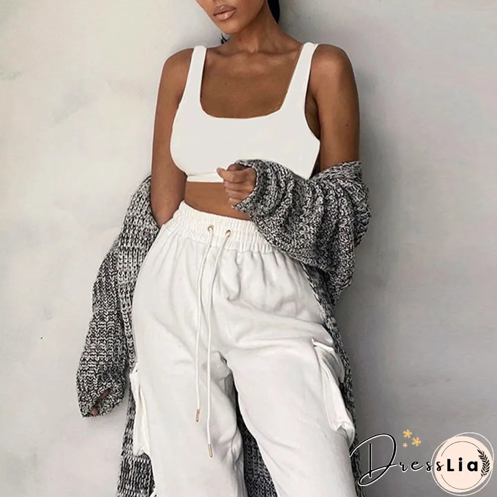 Sporty Crop Top and Pocket Detail Jogger Tracksuit Pant Set