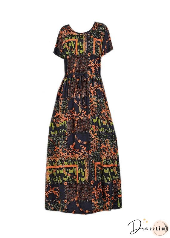 Plus Size Red O-Neck Cinched Print Drawstring Silk Long Dresses Short Sleeve