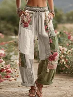 Love & Health Collection Retro Rose And Floral Patchwork Art Linen Pants - Image 5