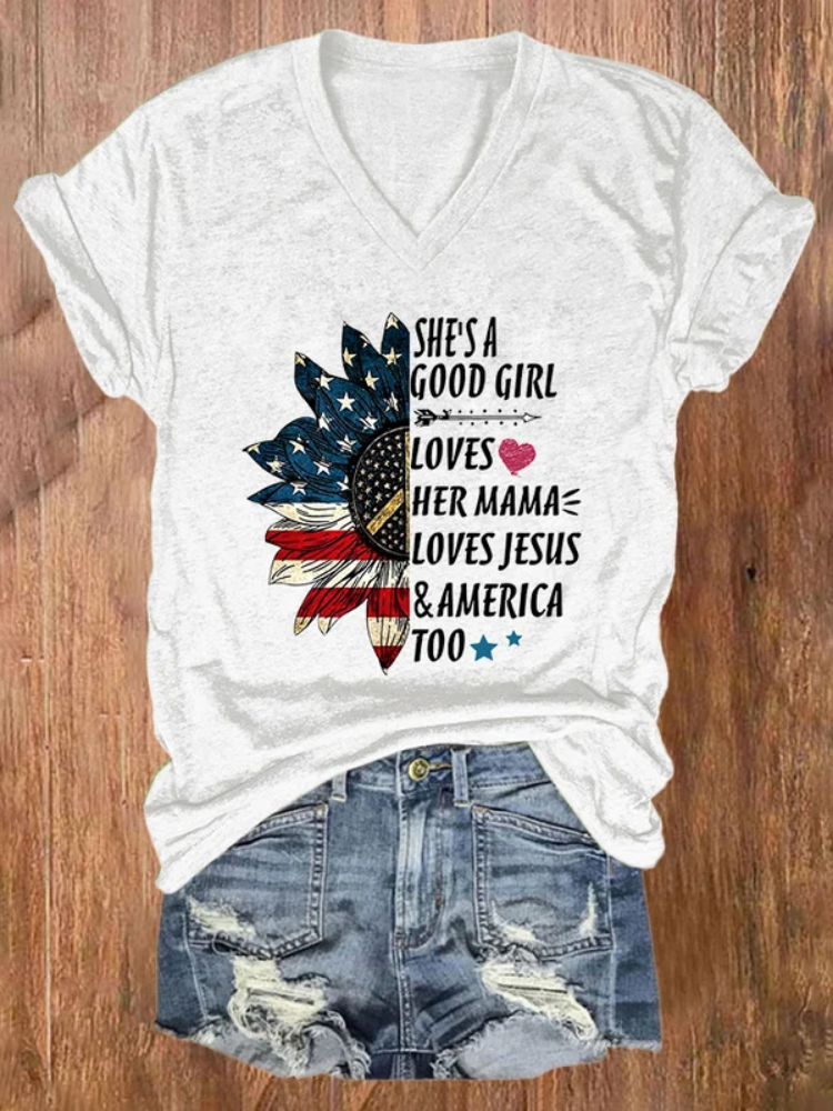 Comstylish V-neck Retro Leopard She Loves Her Mama Loves Jesus And America Print T-Shirt