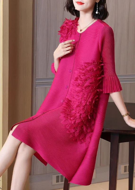 Vogue Rose O-Neck Embroideried Floral Button Long Dresses Long Sleeve