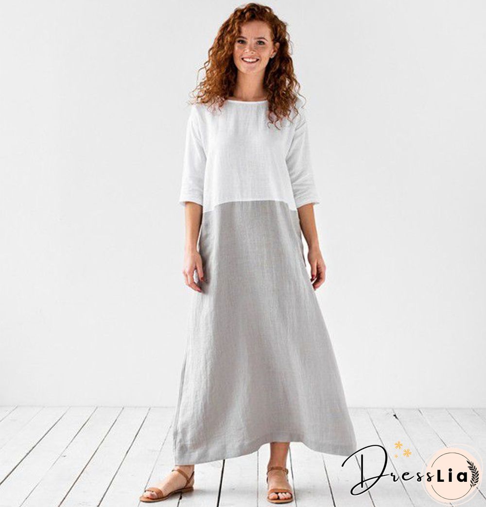 Loose Solid Cotton Linen Patchwork Dress Round Neck Seven Sleeve Skirt