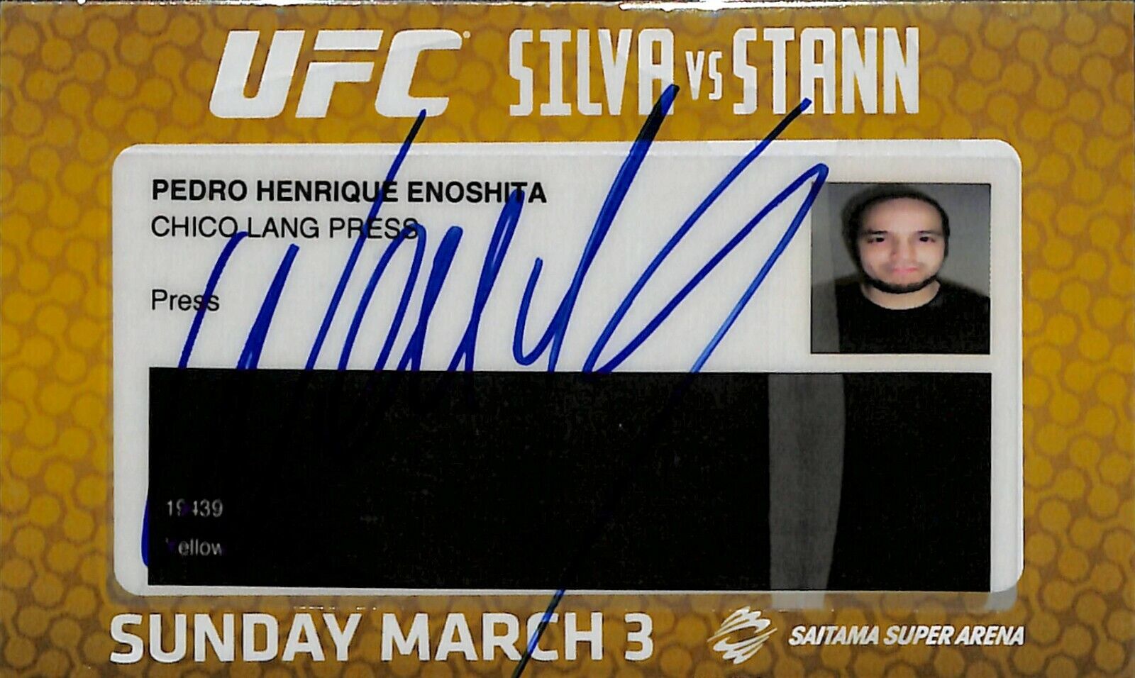 Wanderlei Silva Signed Official UFC on Fuel TV Press Pass Credential PSA/DNA COA