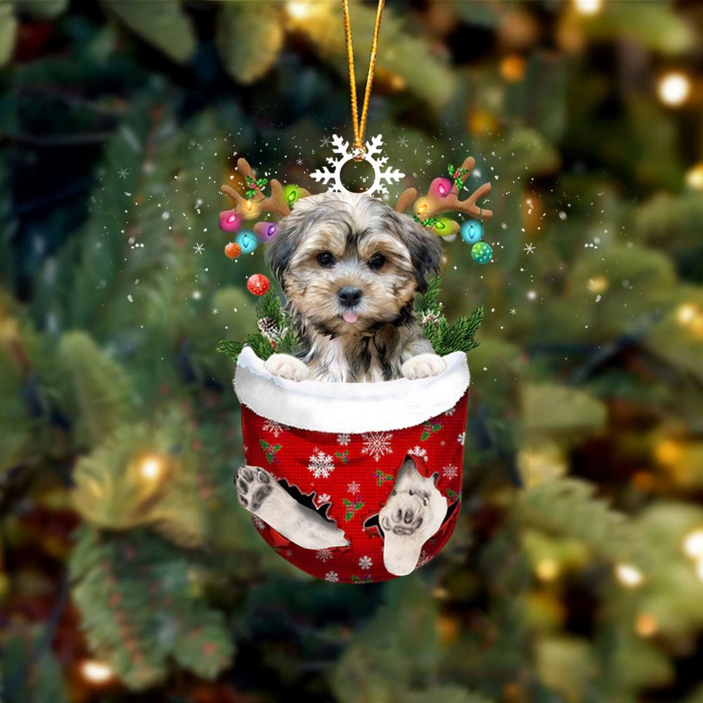 Brown Shorkie In Snow Pocket Christmas Ornament.