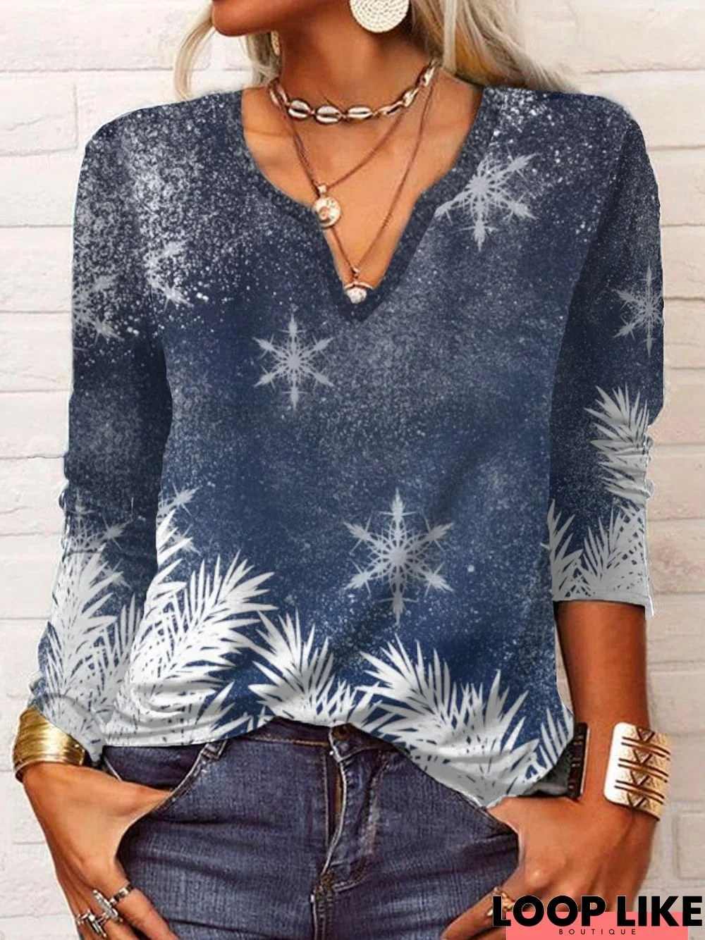 Christmas Long Sleeve V Neck Printed Top T-shirt