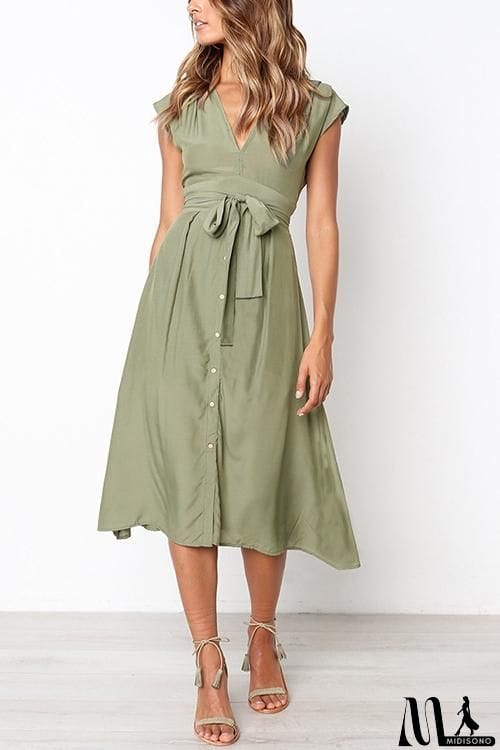 MidiSono - V Neck Tie Waist Dress