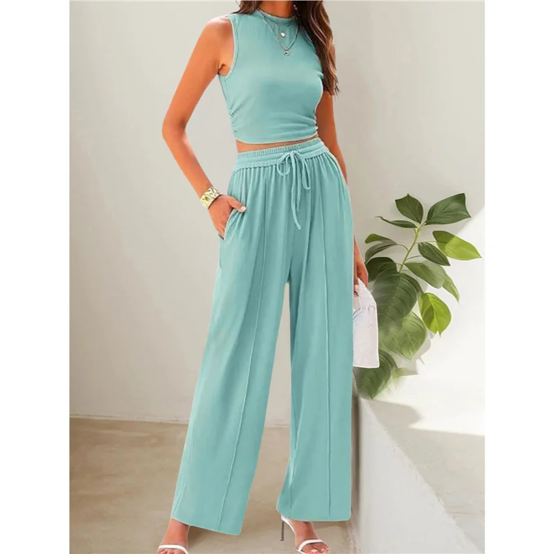 Athvotar Athvotar Summer Knitting Casual Suit Sleeveless Round Collar Short Repair Body Broad Leg Pants Two Sets