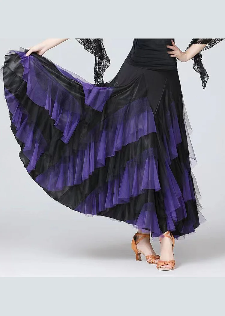 Chic Purple Wrinkled Patchwork Elastic Waist Tulle Skirts Spring