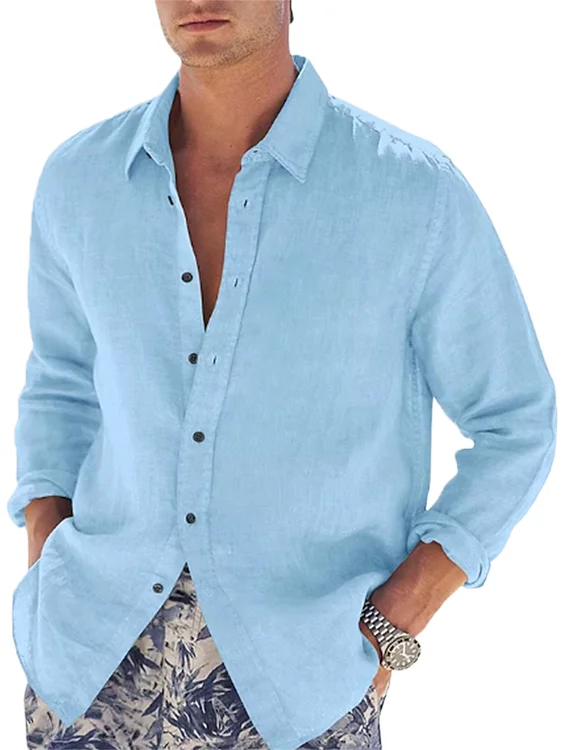 Men's Cotton And Linen Casual Basic Long Sleeved Shirt